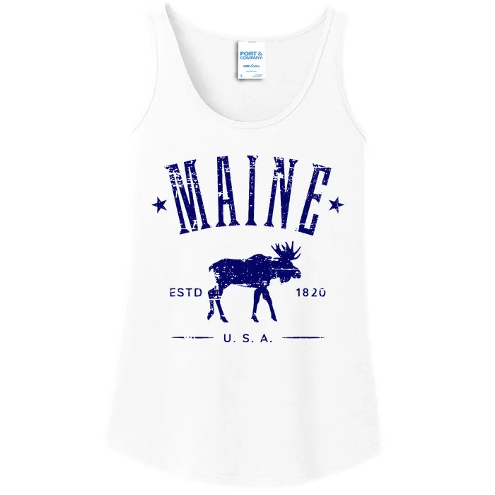 Maine Usa With Moose Distressed Design Souvenir Ladies Essential Tank