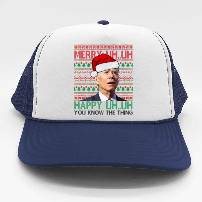 Merry Uh You Know The Thing Confused Joe Biden Funny Ugly Christmas Trucker Hat