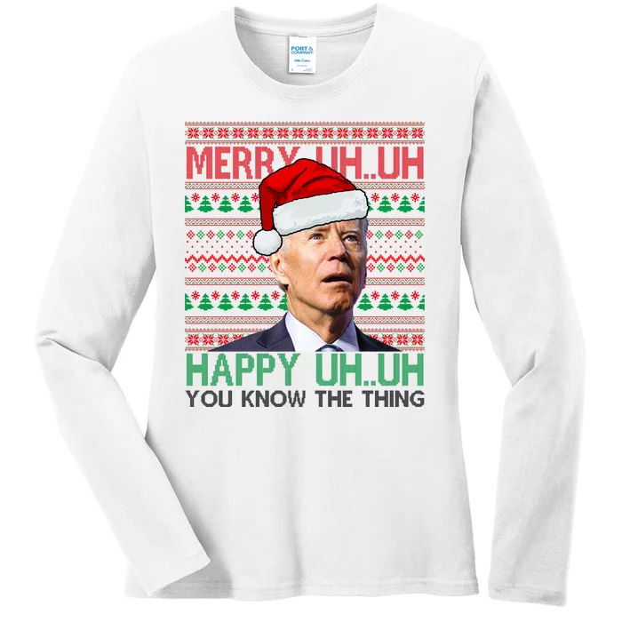 Merry Uh You Know The Thing Confused Joe Biden Funny Ugly Christmas Ladies Long Sleeve Shirt