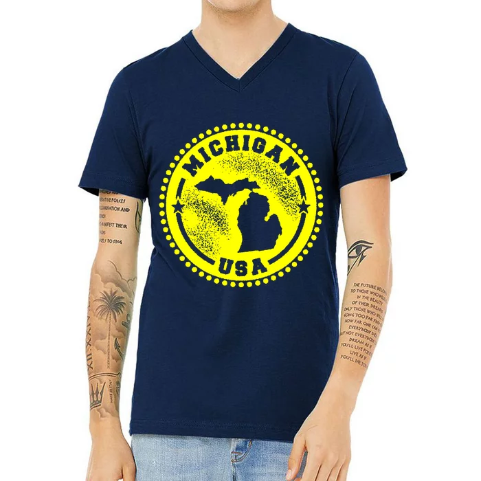 Michigan USA Yellow Logo V-Neck T-Shirt