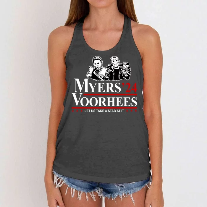 Myers Voorhees 24 Let Us Take A Stab At It Funny Scary Women's Knotted Racerback Tank