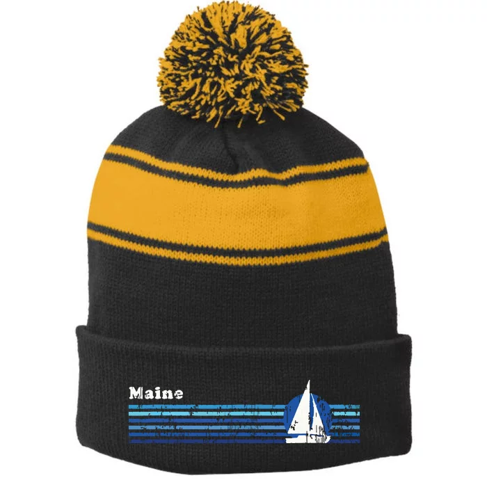 Maine Vintage 80s Sailboat Sunset Stripe Pom Pom Beanie