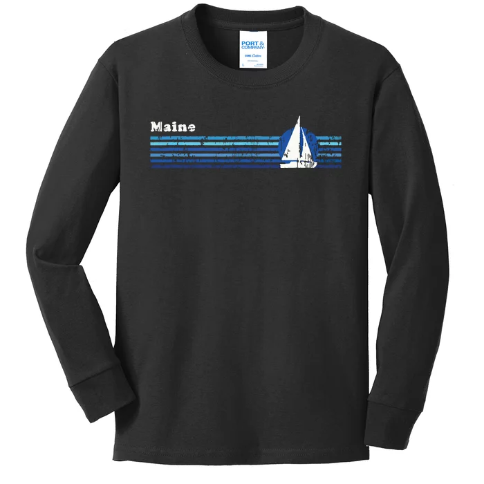 Maine Vintage 80s Sailboat Sunset Kids Long Sleeve Shirt