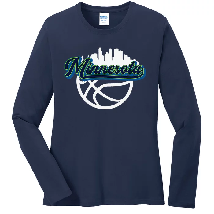 Minnesota Vintage Basketball Script City Skyline Fan Ladies Long Sleeve Shirt