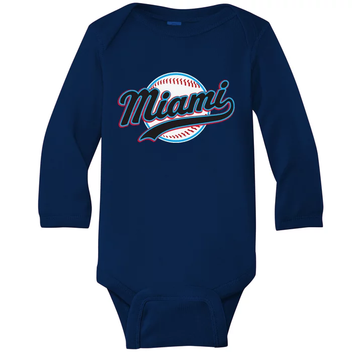 Miami Vintage Baseball Throwback Retro Design Baby Long Sleeve Bodysuit