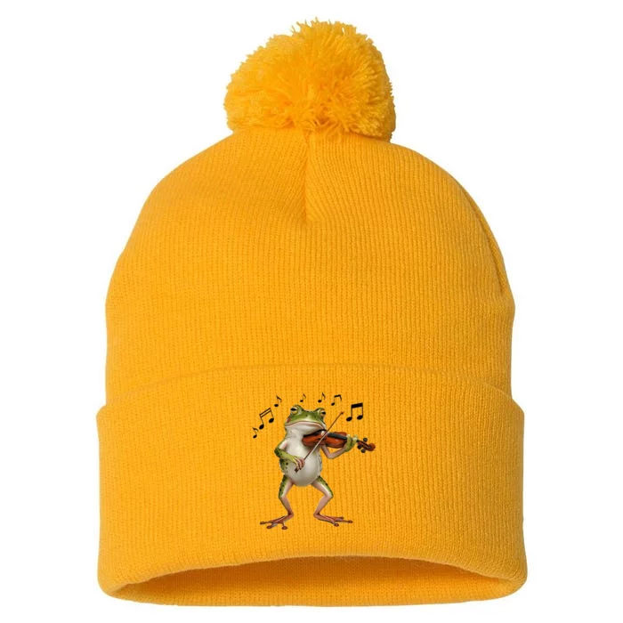 Musician Violinist Cute Frog Playing Violin Pom Pom 12in Knit Beanie