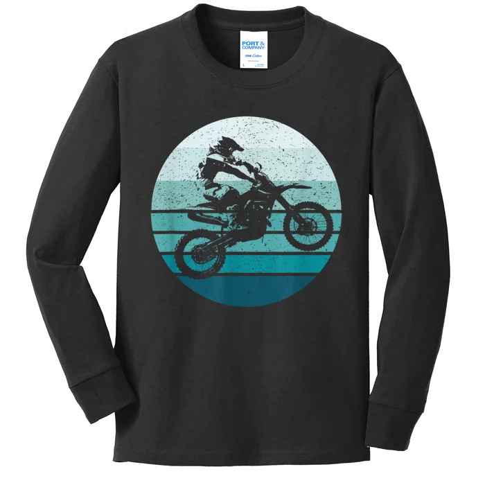 Motocross Vintage Dirt Bike Rider Sunset Background Kids Long Sleeve Shirt