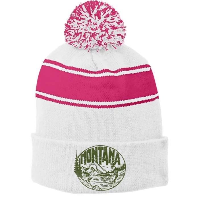 Montana Vintage Fly Fishing Retro Trout Stream Outdoor Stripe Pom Pom Beanie