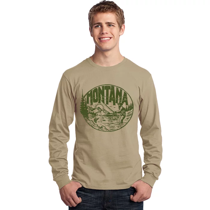 Montana Vintage Fly Fishing Retro Trout Stream Outdoor Long Sleeve Shirt