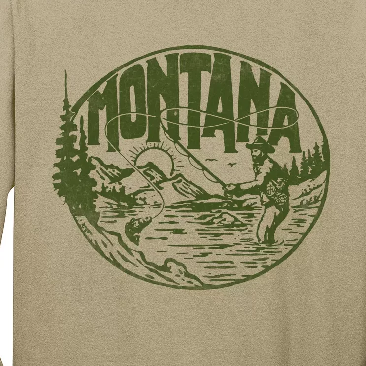 Montana Vintage Fly Fishing Retro Trout Stream Outdoor Long Sleeve Shirt