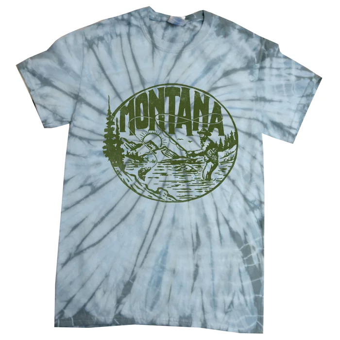 Montana Vintage Fly Fishing Retro Trout Stream Outdoor Tie-Dye T-Shirt