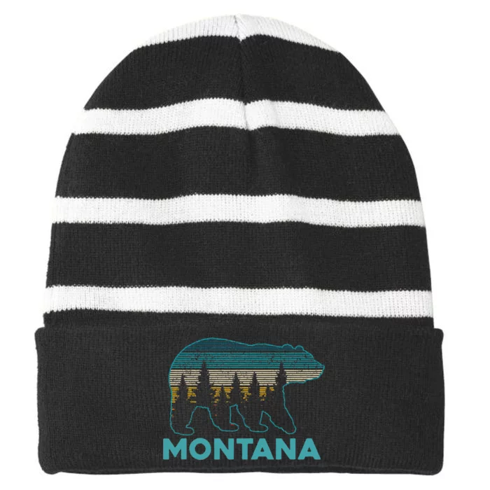 Montana Vintage Grizzly Bear Nature Hiking Souvenir Gift Striped Beanie with Solid Band