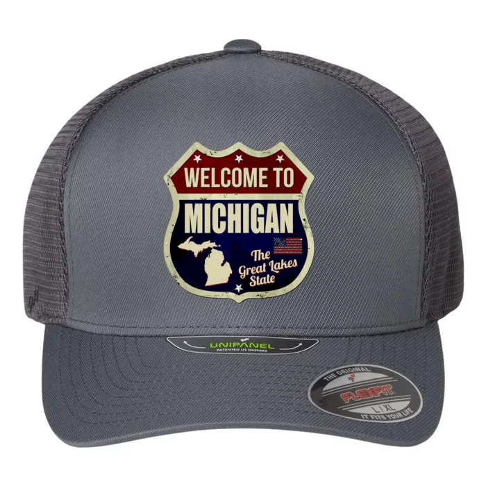 Michigan Vintage Metal Road Sign Logo Flexfit Unipanel Trucker Cap