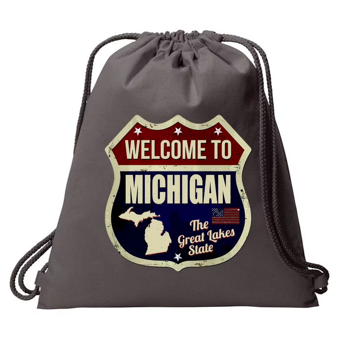 Michigan Vintage Metal Road Sign Logo Drawstring Bag