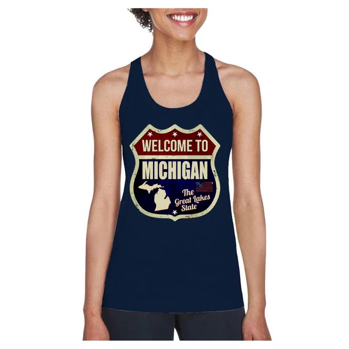 Michigan Vintage Metal Road Sign Logo Women's Racerback Tank