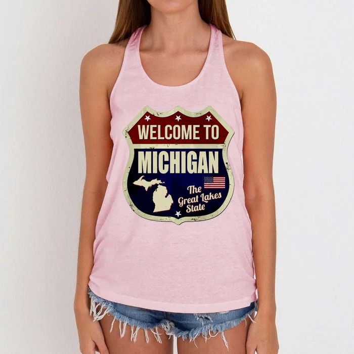 Michigan Vintage Metal Road Sign Logo Women's Knotted Racerback Tank