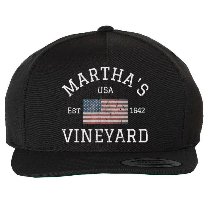 Marthas Vineyard Massachusetts American Flag Usa Vintage Wool Snapback Cap