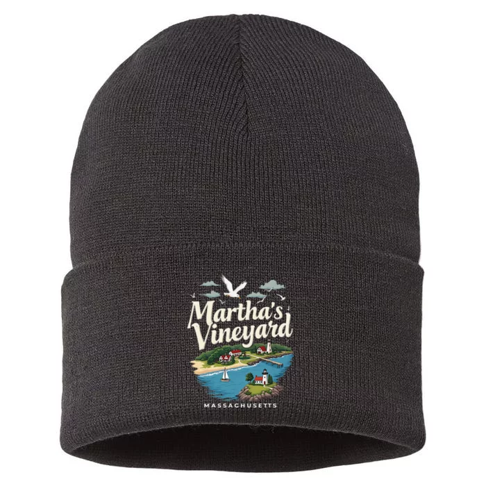 MarthaS Vineyard Massachusetts Scenic Island Illustration Sustainable Knit Beanie