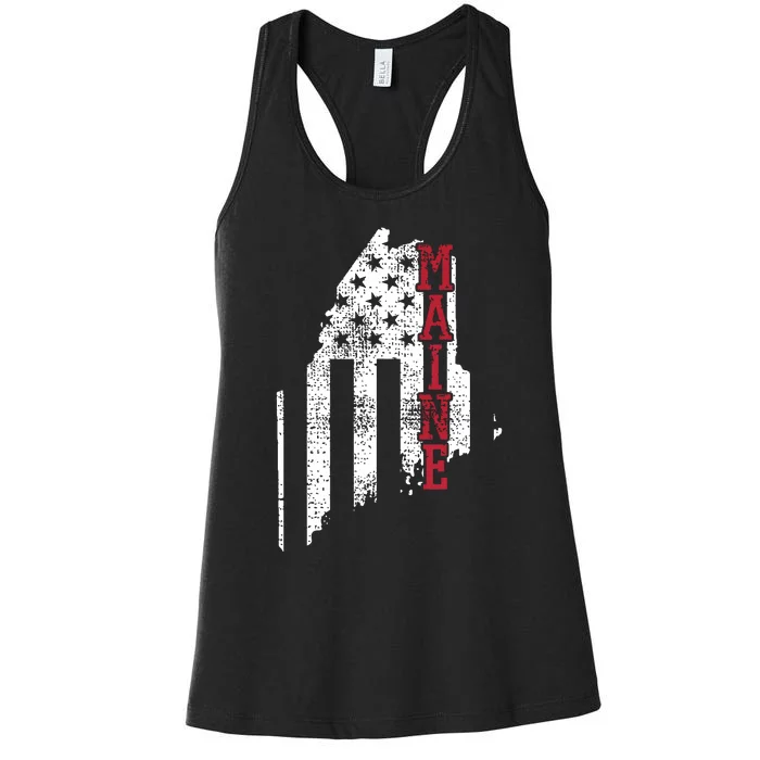 Maine Vintage Retro Usa Flag America Merica 4th Of July Women's Racerback Tank