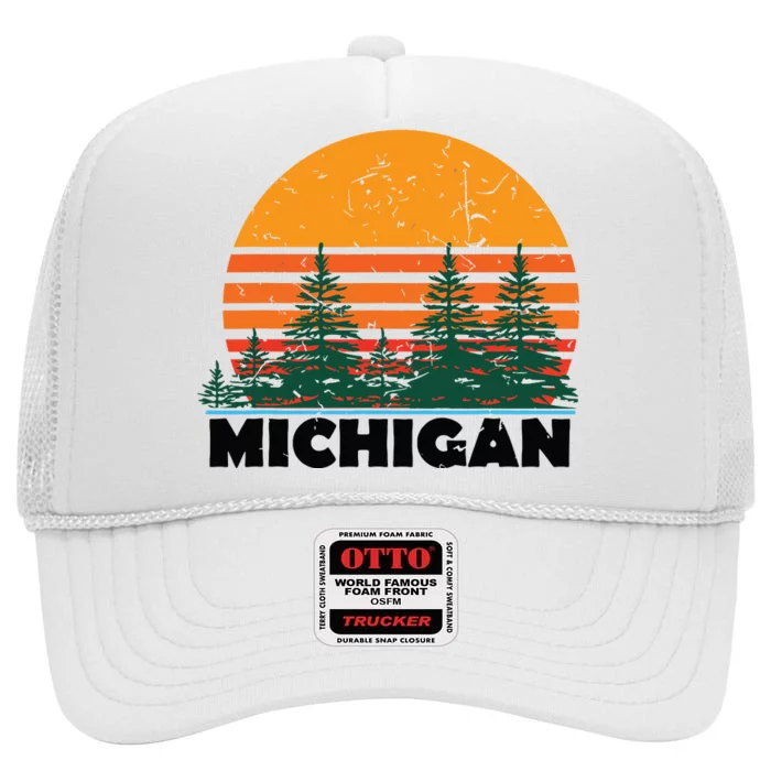 Michigan Vintage Retro Sunset Mi State Gift High Crown Mesh Trucker Hat