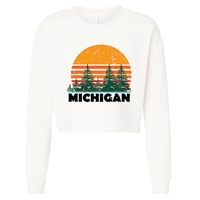 Michigan Vintage Retro Sunset Mi State Gift Cropped Pullover Crew