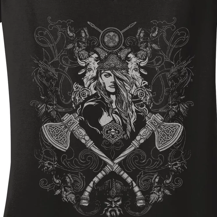 Medieval Viking Shield Maiden Warrior Battle Axes Women's V-Neck T-Shirt