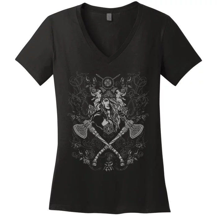 Medieval Viking Shield Maiden Warrior Battle Axes Women's V-Neck T-Shirt