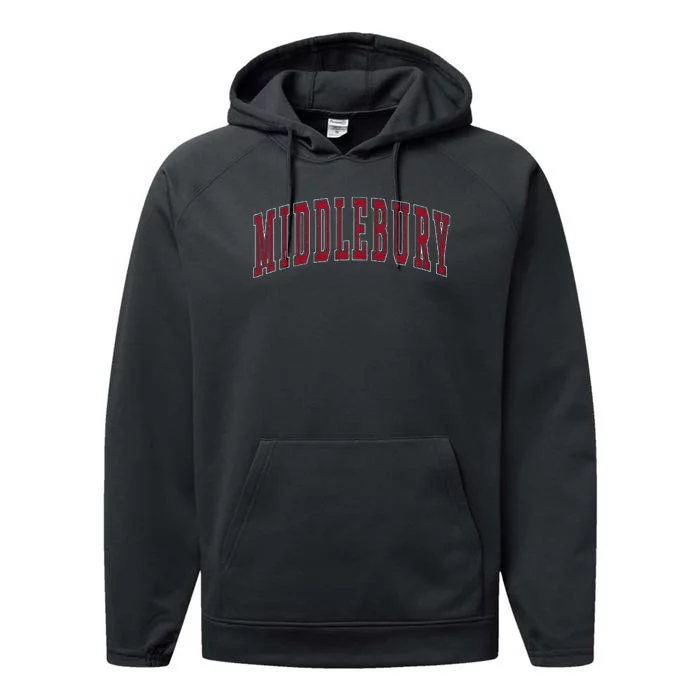 Middlebury Vermont Souvenir College Style Red Text Performance Fleece Hoodie