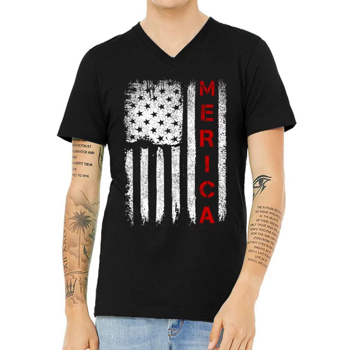 Merica Vintage USA Flag Stars And Stripes Funny 4th Of July V-Neck T-Shirt