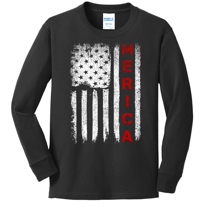 Merica Vintage USA Flag Stars And Stripes Funny 4th Of July Kids Long Sleeve Shirt