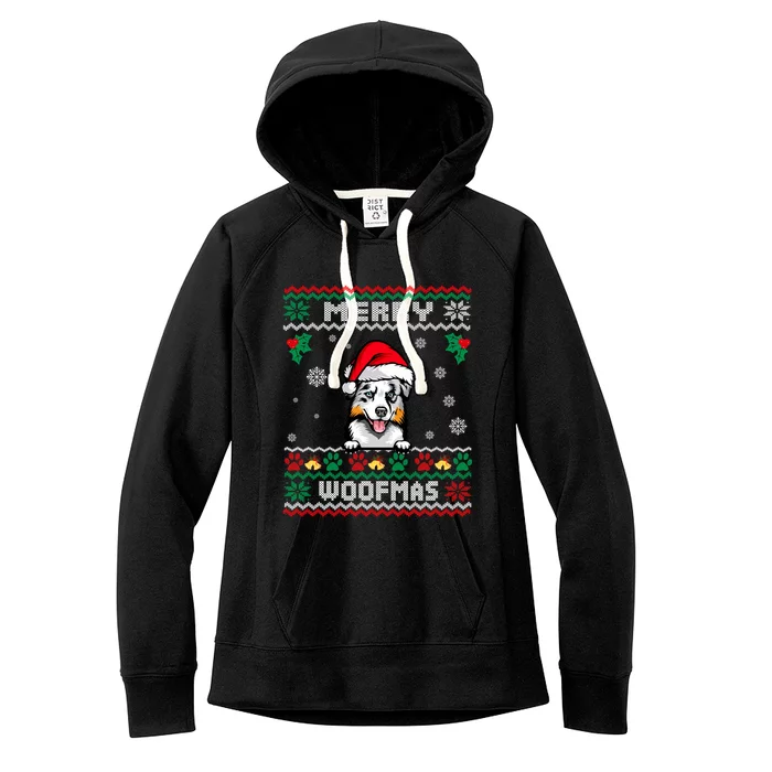 Merry Woofmas Australian Shepherd Dog Ugly Christmas Sweater Great Gift Women's Fleece Hoodie