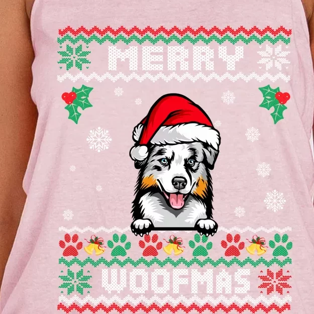 Merry Woofmas Australian Shepherd Dog Ugly Christmas Sweater Great Gift Women's Knotted Racerback Tank