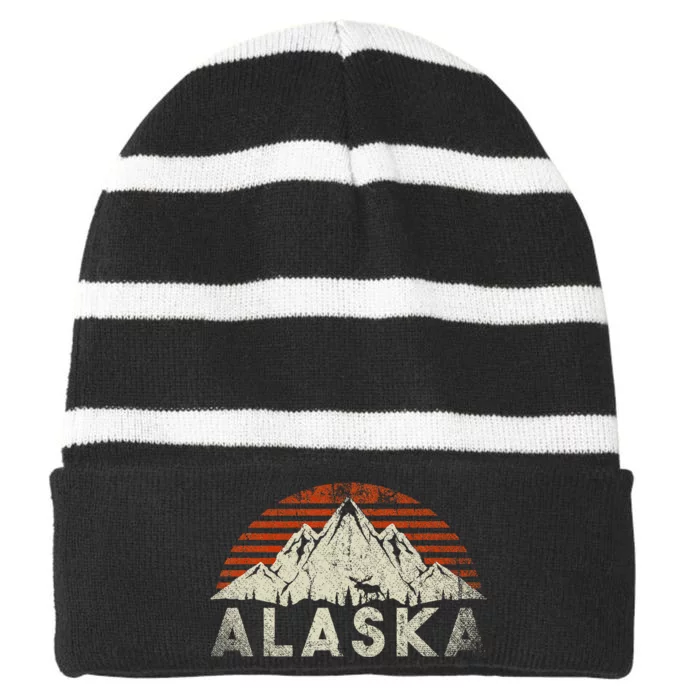 Mountain Wildlife Animal Alaskan Moose Retro Alaska Striped Beanie with Solid Band