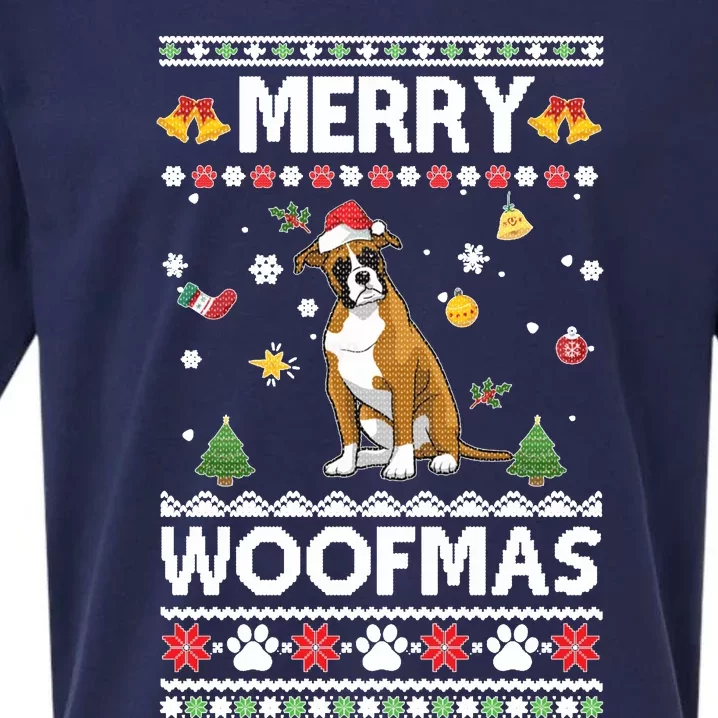 Merry Woofmas Boxer Santa Reindeer Ugly Christmas Xmas Sweatshirt Sueded Cloud Jersey T-Shirt