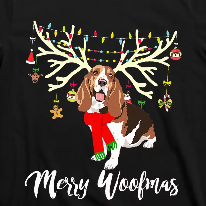 Merry Woofmas Basset Hound Reindeer Christmas Dog T-Shirt