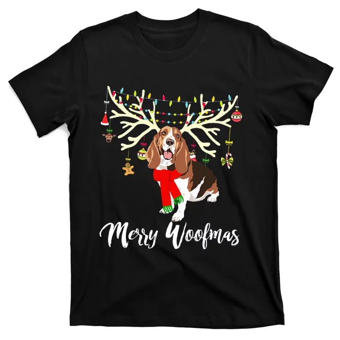 Merry Woofmas Basset Hound Reindeer Christmas Dog T-Shirt