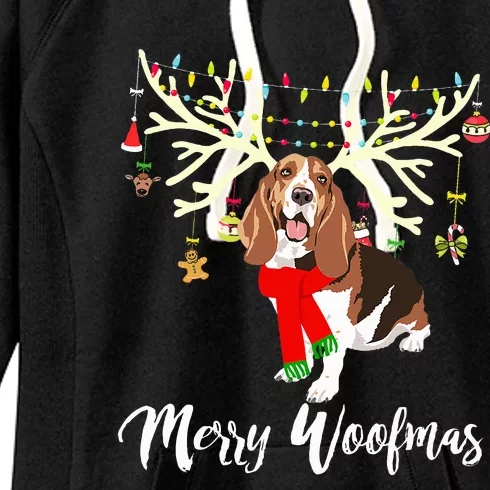 Merry Woofmas Basset Hound Reindeer Christmas Dog Women's Fleece Hoodie