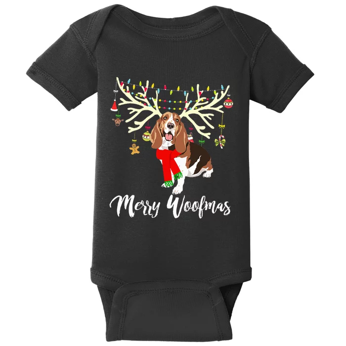 Merry Woofmas Basset Hound Reindeer Christmas Dog Baby Bodysuit