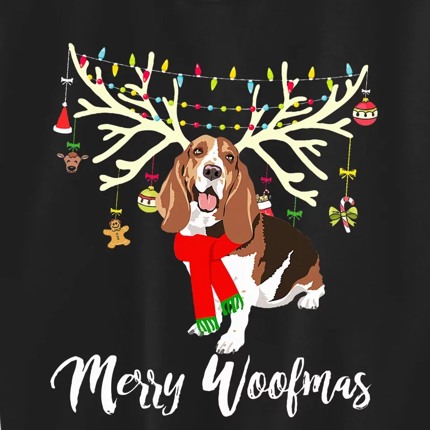 Merry Woofmas Basset Hound Reindeer Christmas Dog Kids Sweatshirt