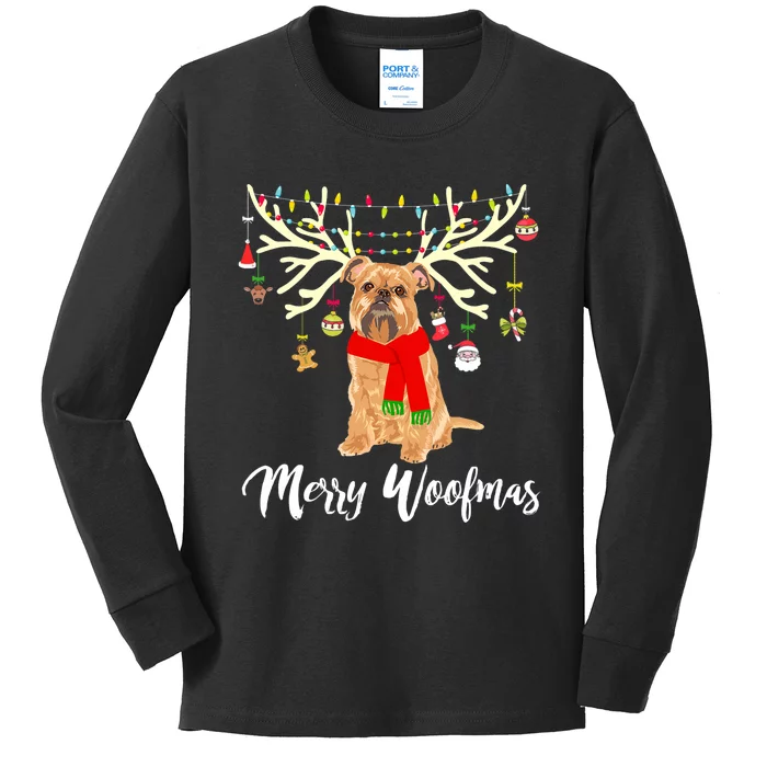 Merry Woofmas Brussels Griffon Reindeer Christmas Dog Kids Long Sleeve Shirt