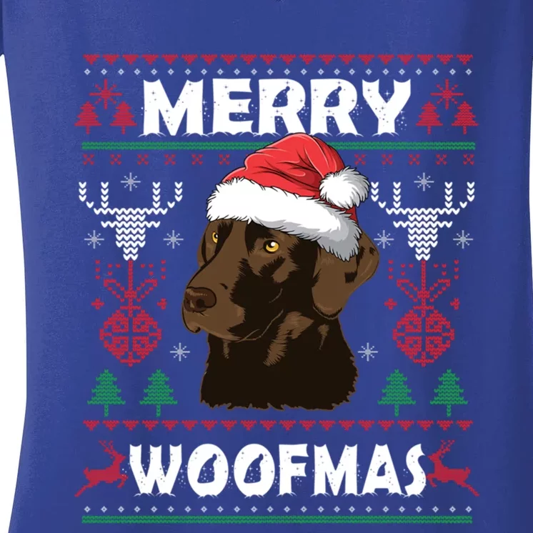 Merry Woofmas Chocolate Lab Santa Claus Dog Christmas Gift Women's V-Neck T-Shirt