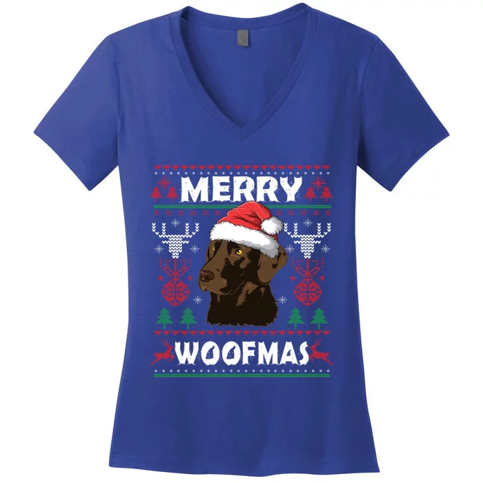 Merry Woofmas Chocolate Lab Santa Claus Dog Christmas Gift Women's V-Neck T-Shirt