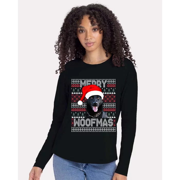 Merry Woofmas Cute Black Ger Shepherd With Santa Hat Great Gift Womens Cotton Relaxed Long Sleeve T-Shirt