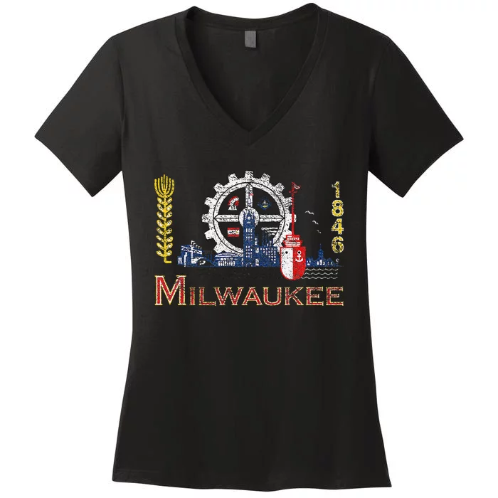 Milwaukee Wisconsin City Classic Flag Women's V-Neck T-Shirt