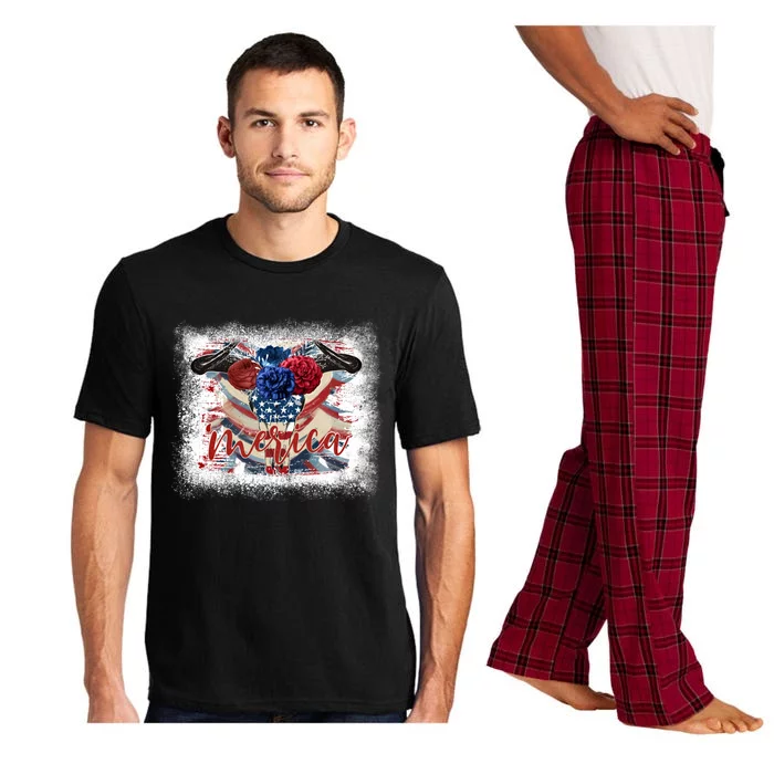 Merica Western Cow Bull Skull American Flag Gift Pajama Set