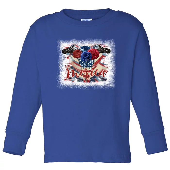 Merica Western Cow Bull Skull American Flag Gift Toddler Long Sleeve Shirt