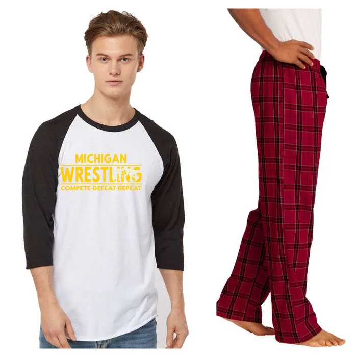 Michigan Wrestling Compete Defeat Repeat Gift Raglan Sleeve Pajama Set