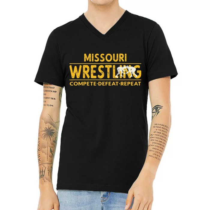 Missouri Wrestling Compete Defeat Repeat V-Neck T-Shirt