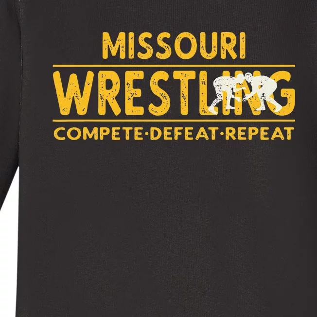 Missouri Wrestling Compete Defeat Repeat Baby Long Sleeve Bodysuit