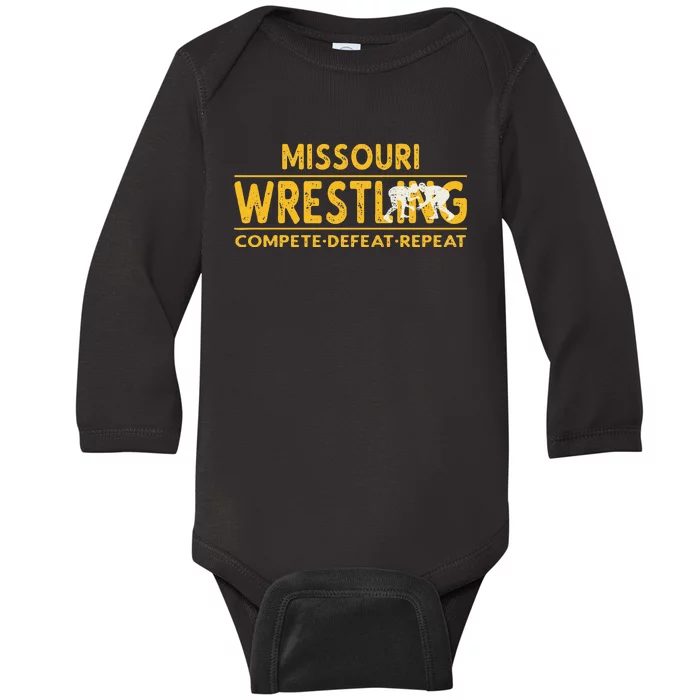 Missouri Wrestling Compete Defeat Repeat Baby Long Sleeve Bodysuit